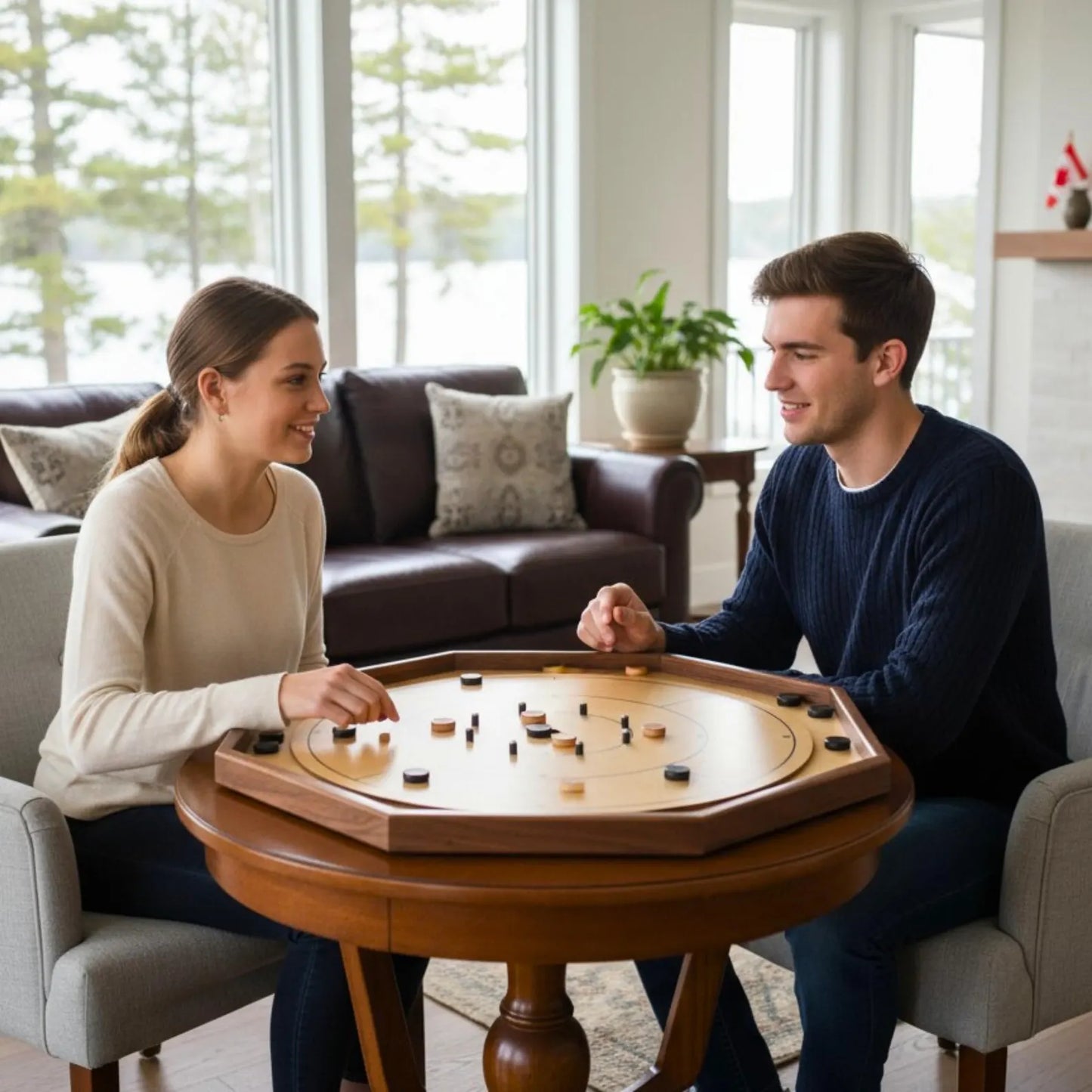 The Deluxe Walnut Rail - Traditional Octagon Crokinole Board Game Set