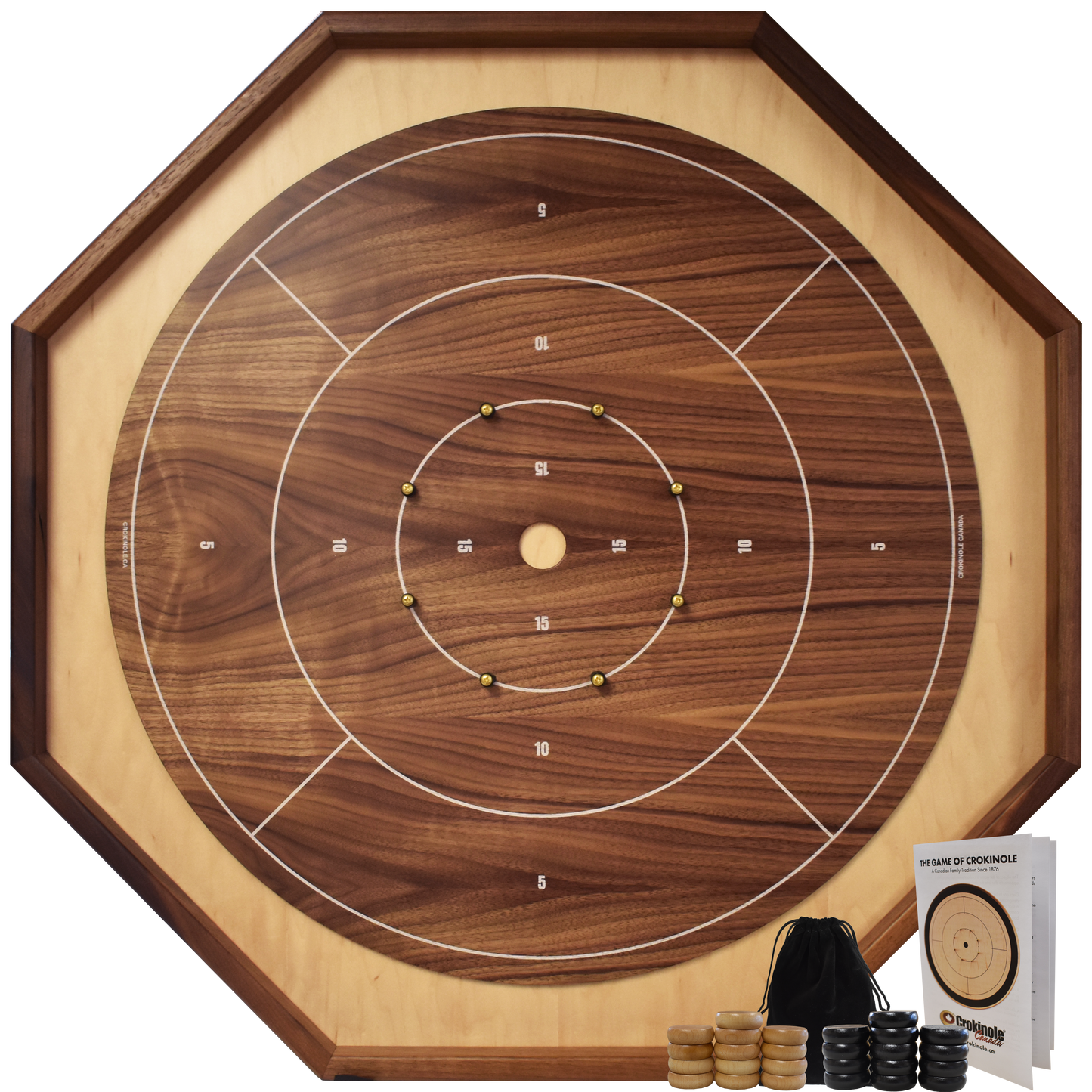 The Walnut Gold Standard (White Lines) - Traditional Octagon Crokinole Board Game Set
