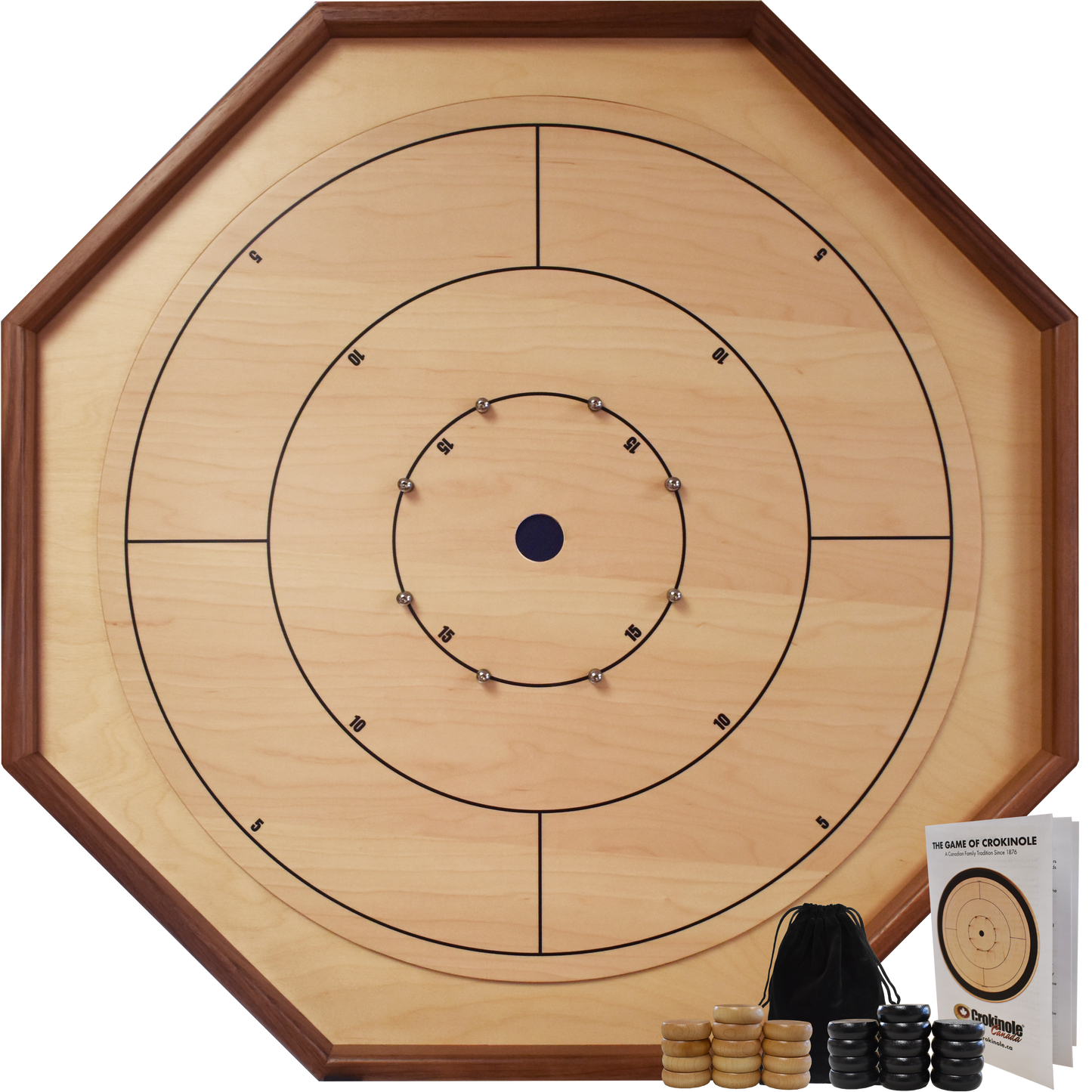 The Deluxe Walnut Rail - Traditional Octagon Crokinole Board Game Set