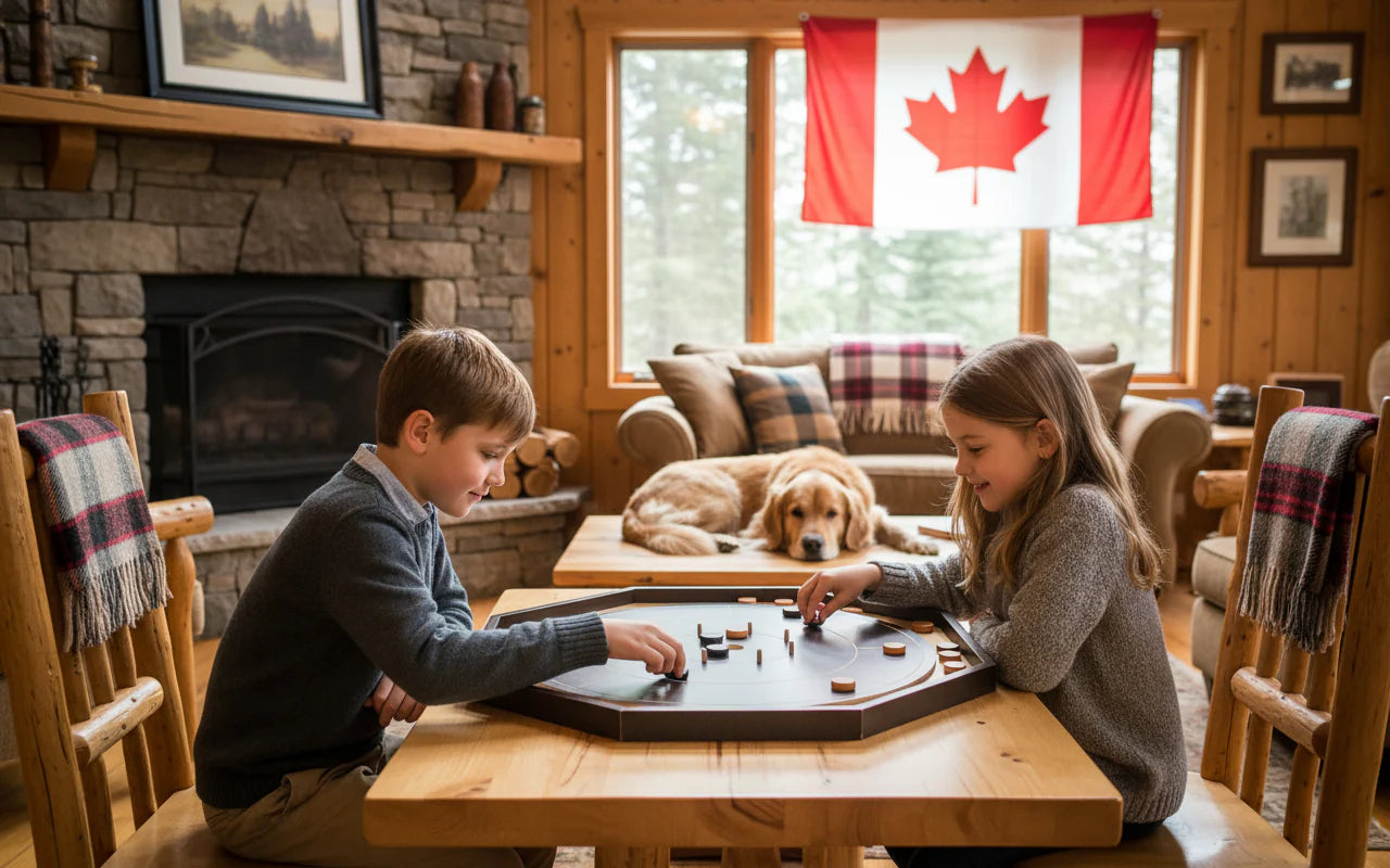 Crokinole Board For Beginners - Walnut & Maple Melamine - Traditional Crokinole Board Game Set