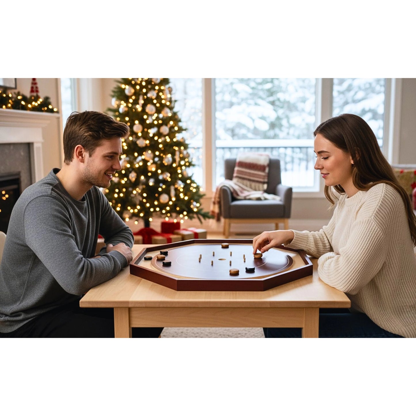 Crokinole Board For Beginners - Shiraz Cherry & Maple Melamine - Traditional Crokinole Board Game Set