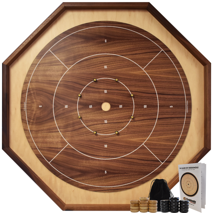 The Walnut Gold Standard (White Lines) - Traditional Octagon Crokinole Board Game Set
