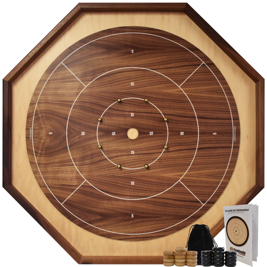 The Walnut Gold Standard (White Lines) - Traditional Octagon Crokinole Board Game Set