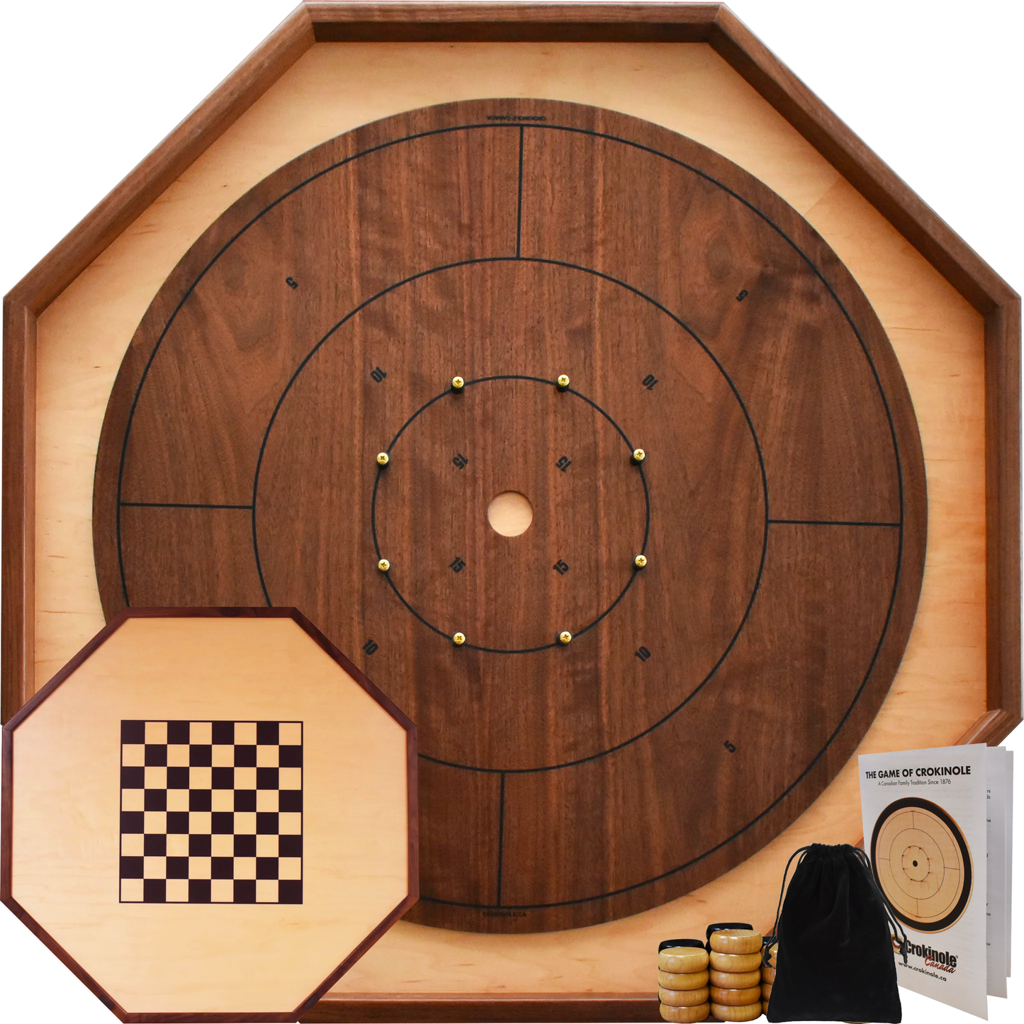 The Walnut Gold Standard (Black Lines) - Traditional Octagon Crokinole Board Game Set